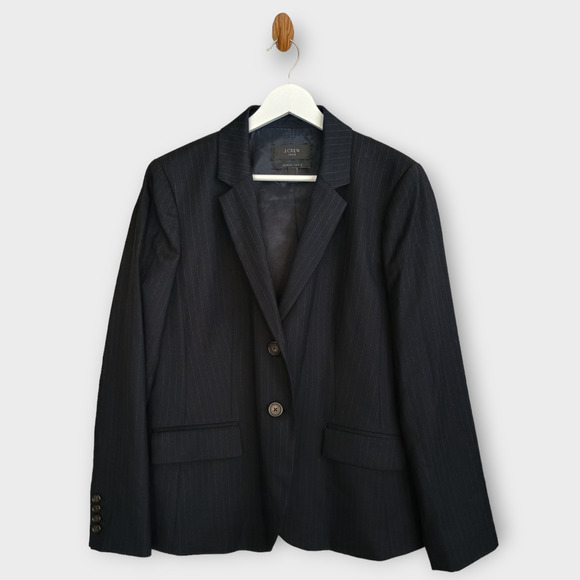 J. Crew Blazer Women 12P Navy Striped 1035 Super 120s Wool Career Jacket Pocket - Picture 1 of 14